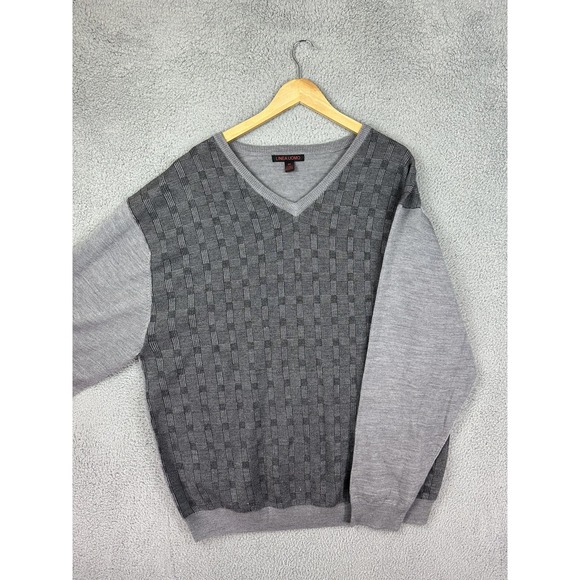 Linea Uomo Sweater Mens 4X Gray V Neck Wool Blend Plaid Knit Pullover Big & Tall